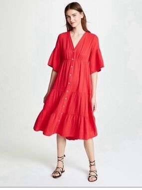 XiRENA Red Button-Front Midi Dress
